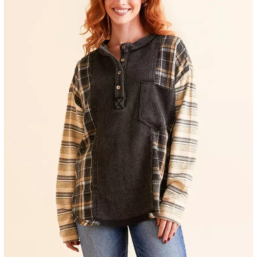 BKE Washed Pieced Plaid Oversized Grunge Coastal Cowgirl Western Henley Top